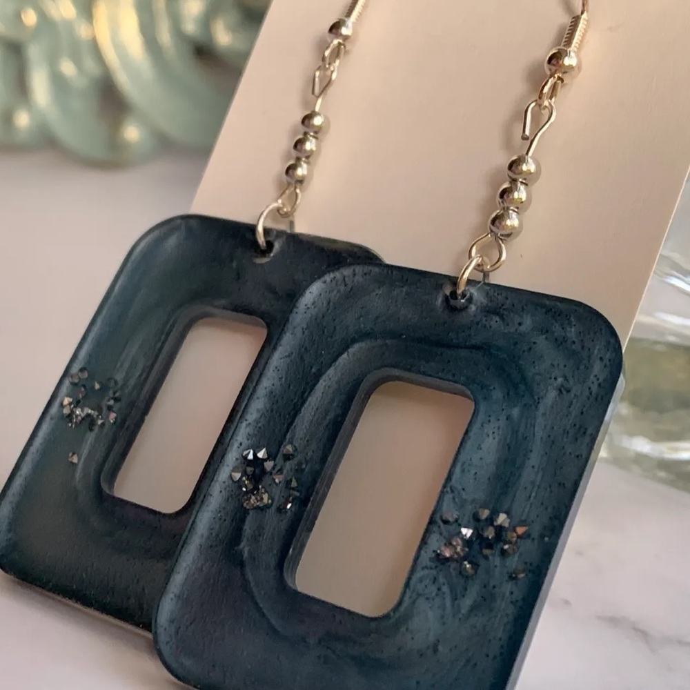 Slate blue rectangle drop earrings